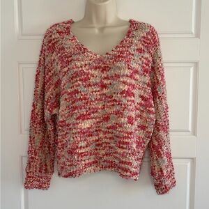 Hippie Rose Pink Loose Popcorn Knit V Neck Sweater 3/4 Sleeves Size M Boxy Cut